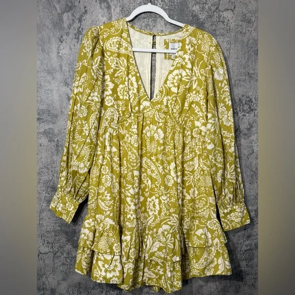 Anthropologie long sleeve v neck cotton dress olive tones green dress yellow - Picture 3 of 16